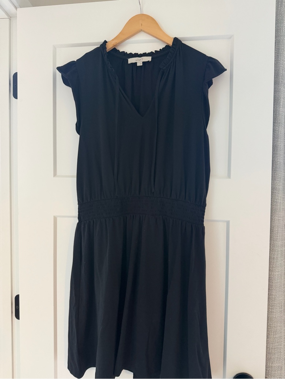 LOFT Black Cap Sleeve Smocked-Waist Mini Dress
